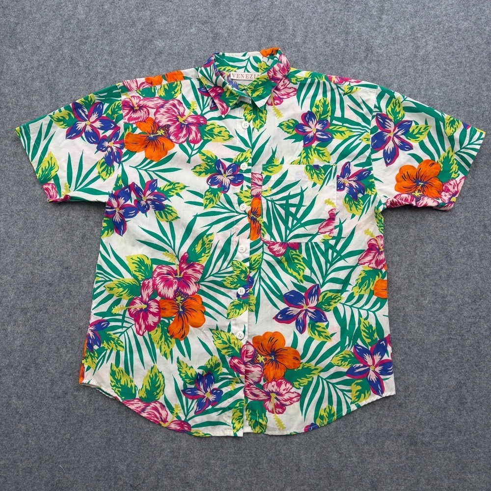 VENEZIA Tropical Hawaiian Shirt Men's XL White Floral Palm Button Up